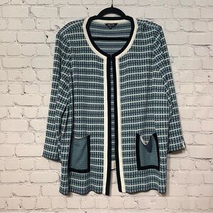Misook Knit Open Front Jacket Blue White Black Patterned Cardigan Pockets Sz 2X